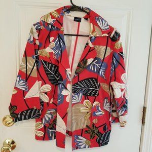 Westbound Sz M Red Floral Canvas Jacket Pockets 3/4 Sleeve Art to Wear Y2K